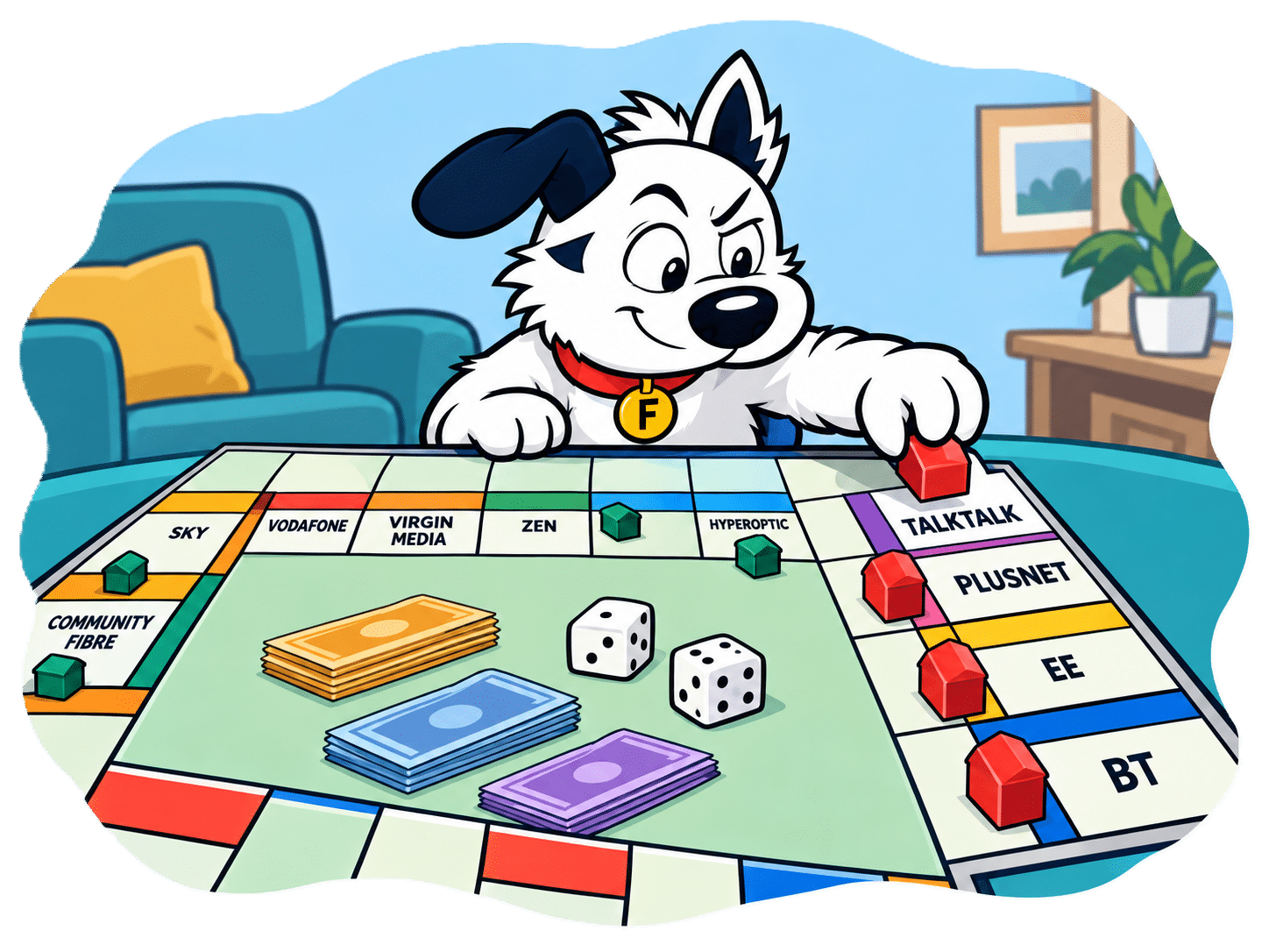 Fibredog mascot playing monopoly