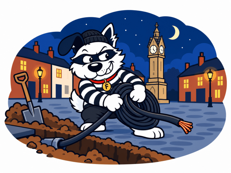 Fibredog mascot stealing cables in Thurnscoe